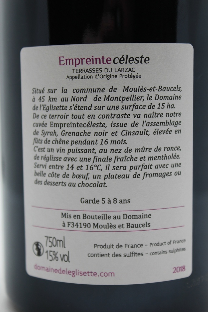 Domaine de l'Eglisette - AOP Terrasses du Larzac "Empreinte Céleste" 2018